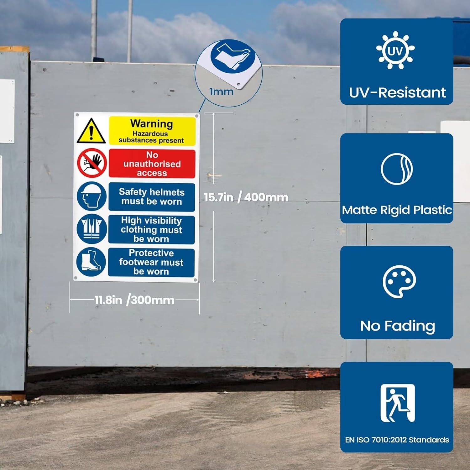 Site Safety Signs for Construction Areas - 400mm x 300mm - Health and Safety Signs, Warning Signage - 1mm PVC Rigid Plastic, Matte Finish, 4 Pre-Drilled Holes and Adhesive Backing