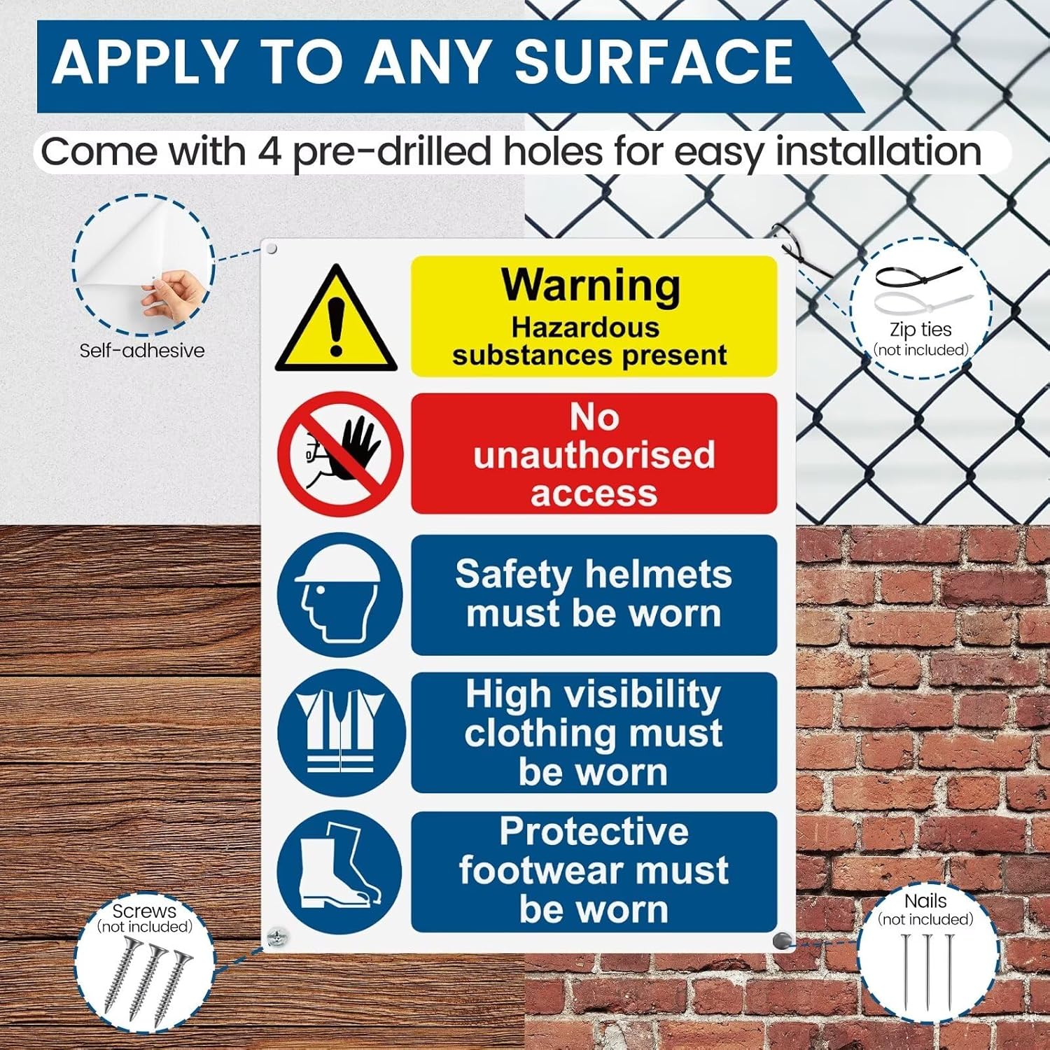 Site Safety Signs for Construction Areas - 400mm x 300mm - Health and Safety Signs, Warning Signage - 1mm PVC Rigid Plastic, Matte Finish, 4 Pre-Drilled Holes and Adhesive Backing