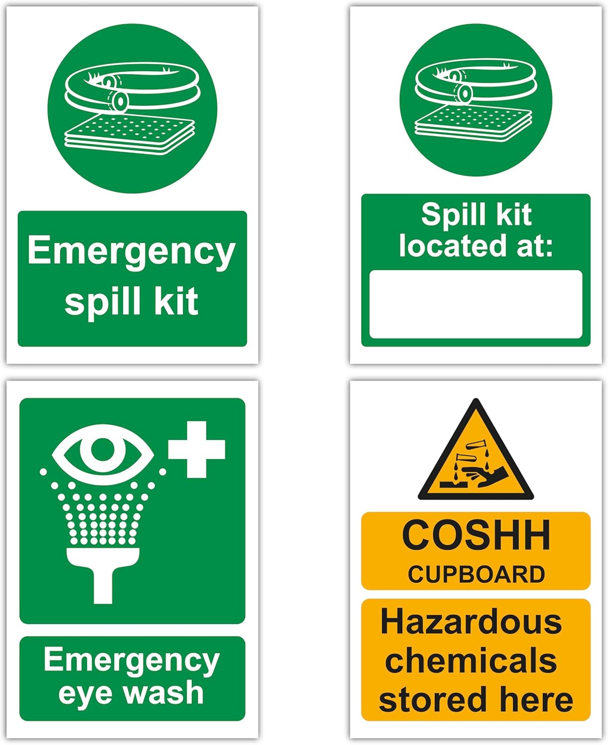 Set of 4 Workplace Safety Sign Labels (148 × 210 mm), Emergency Spill Kit, Spill Kit Location, Emergency Eye Wash & COSHH Cupboard – Self Adhesive Polypropylene Stickers
